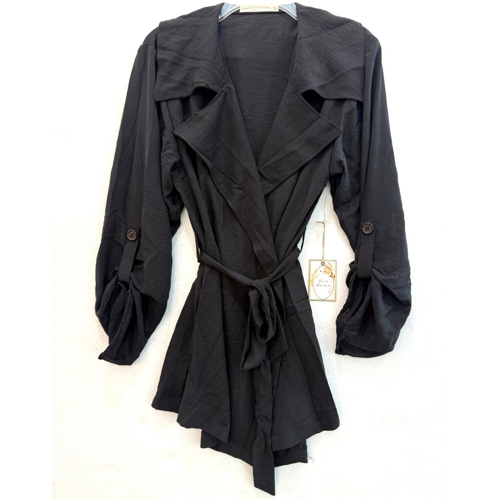 NWT Fair Haven Size Medium Boutique Black Belted Wrap Front Blouse